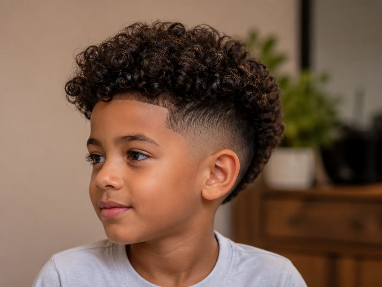 A boy with a burst fade and curly hair