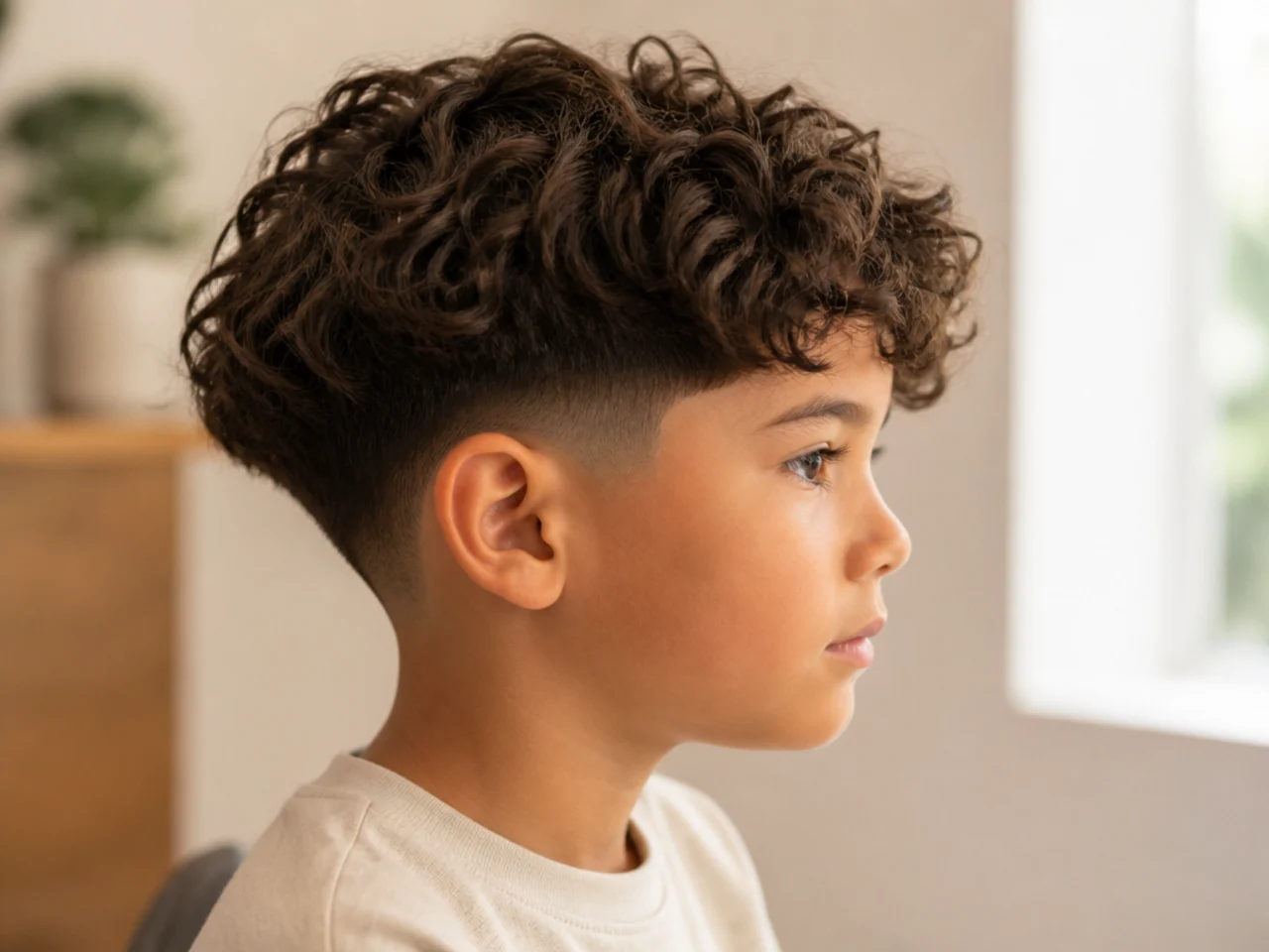 A boy with a softened curly bowl cut