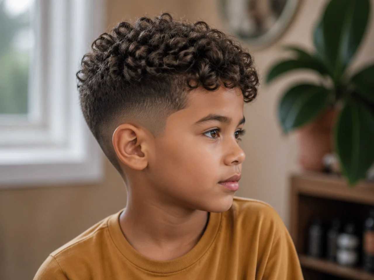 Side view of a boy with a neat curly haircut