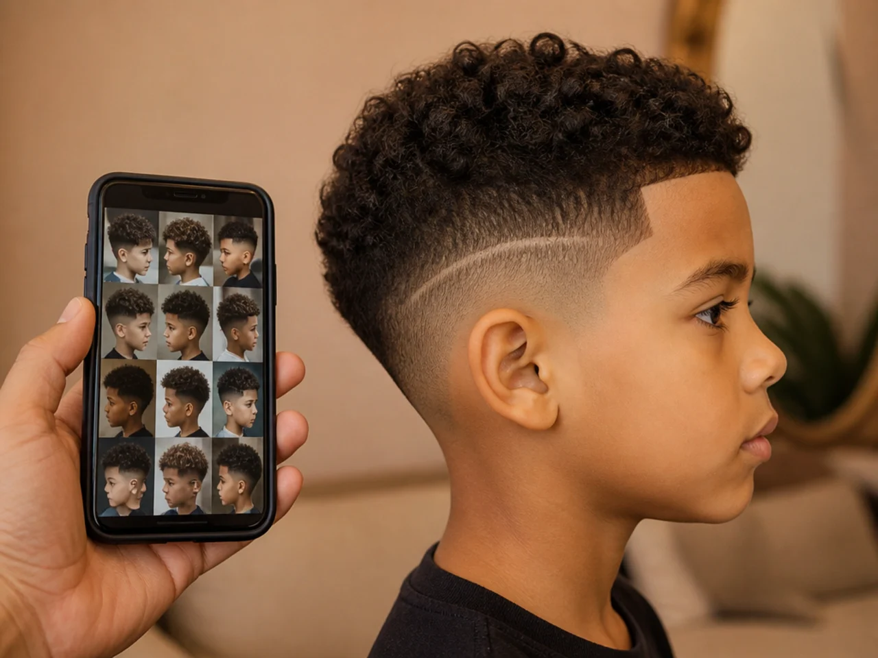 A phone showing saved haircut photos beside a boy