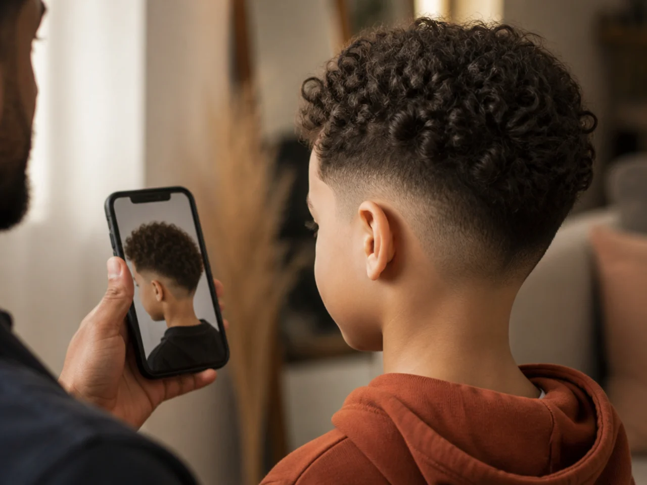 A parent comparing a saved photo to a boy's hair