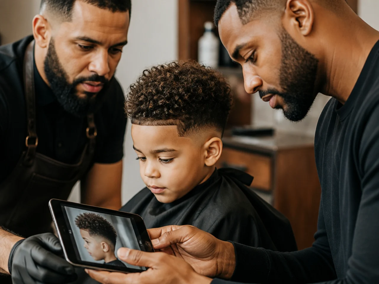A parent showing a saved photo to a barber