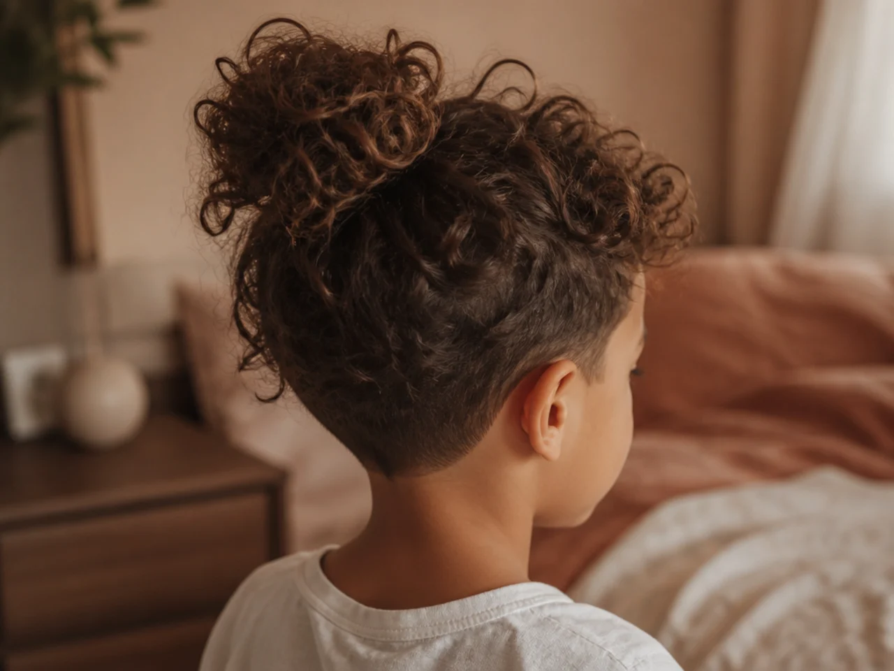 A boy with long curls loosely gathered at the crown for bed