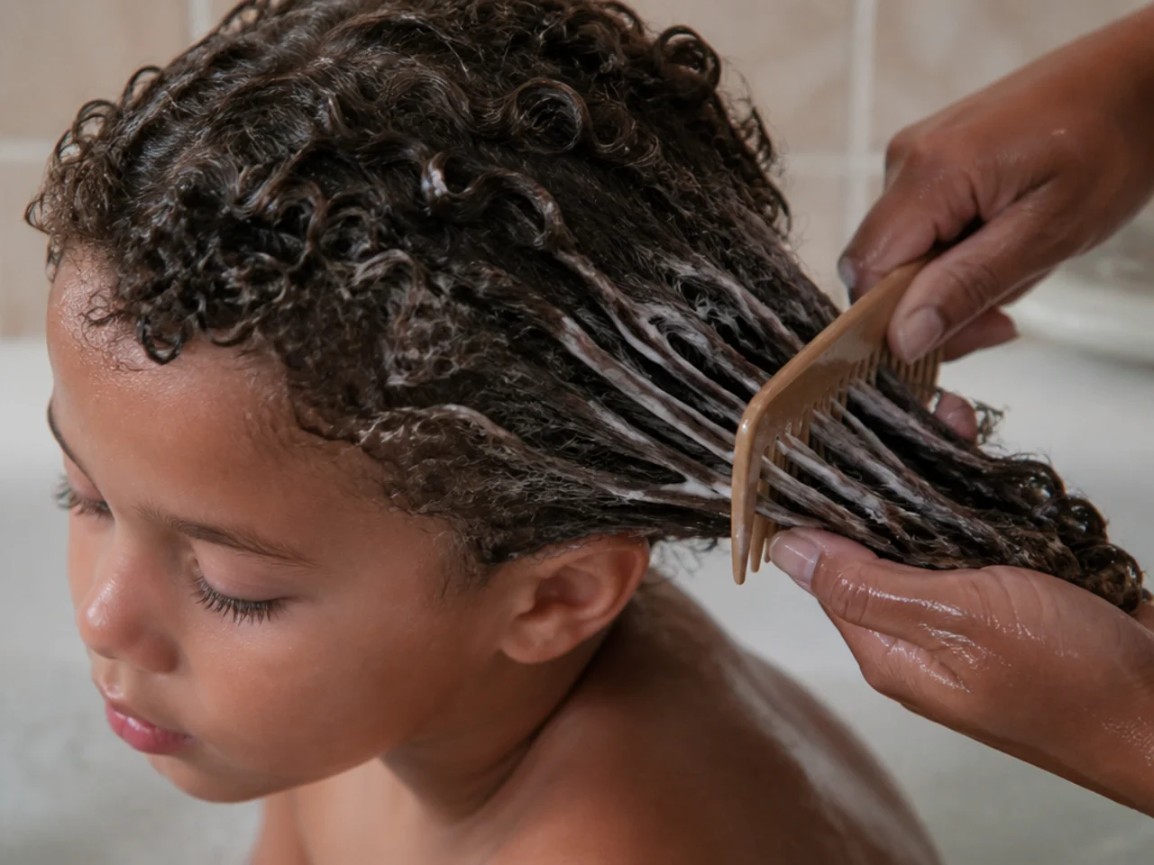 A boy having his curls detangled in the bath with conditioner
