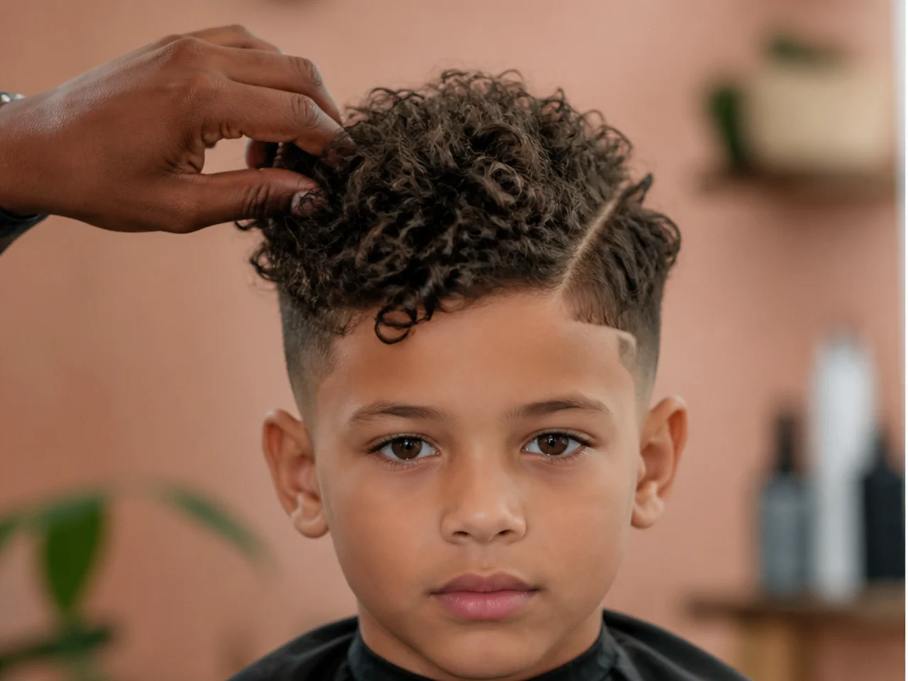 Fingers detangling a boy's curls from the ends upward