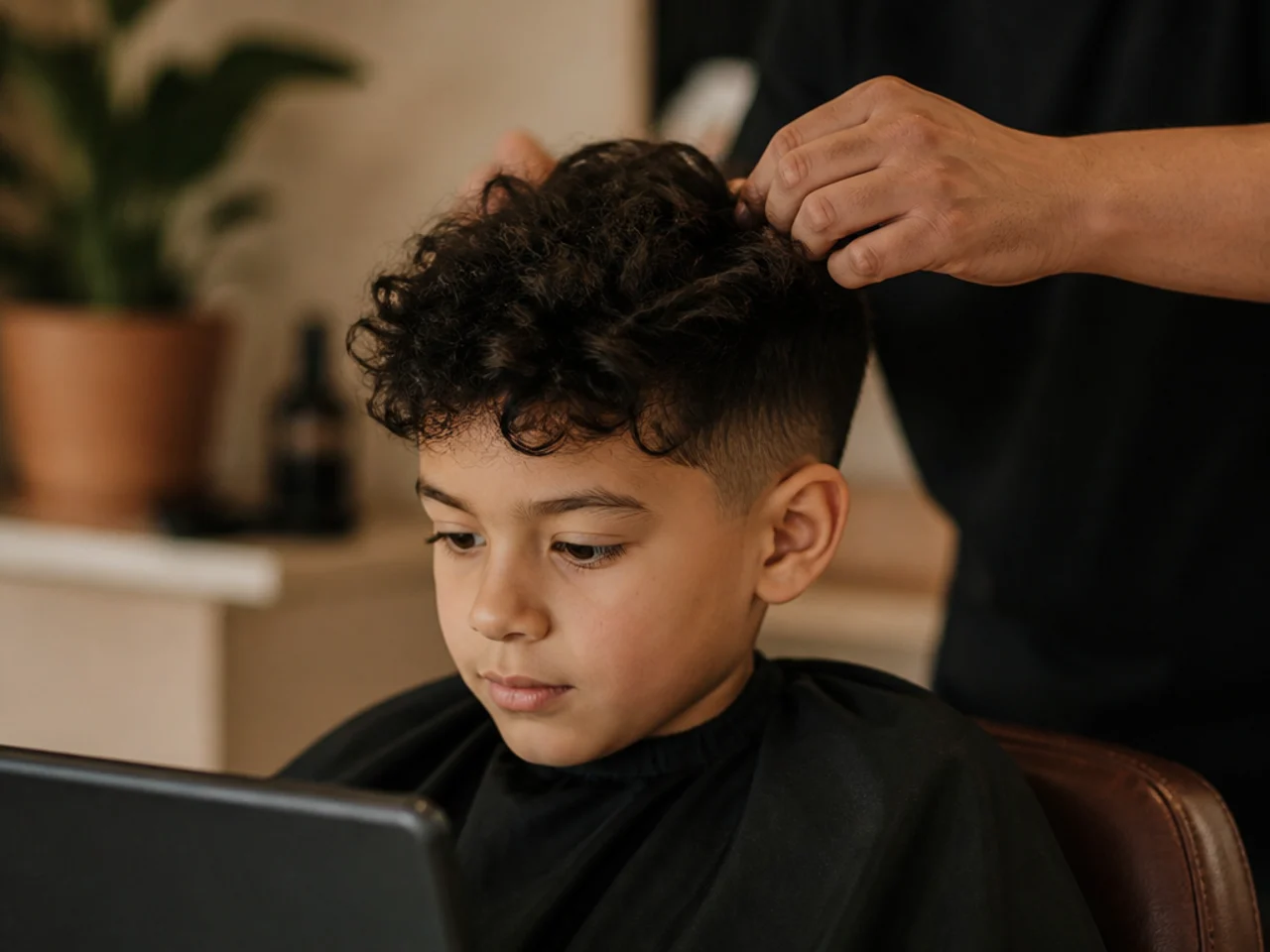 A boy watching a screen while his curls are styled