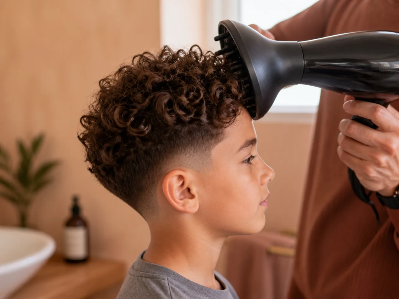 A diffuser being used on a boy's curly hair