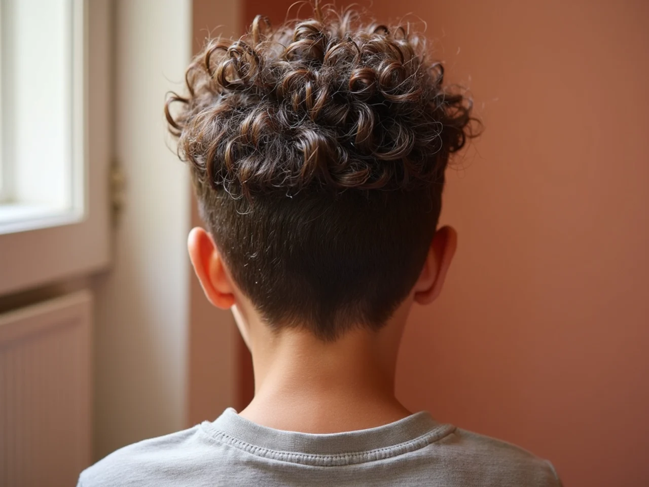 A boy's curly hair being washed in the shower