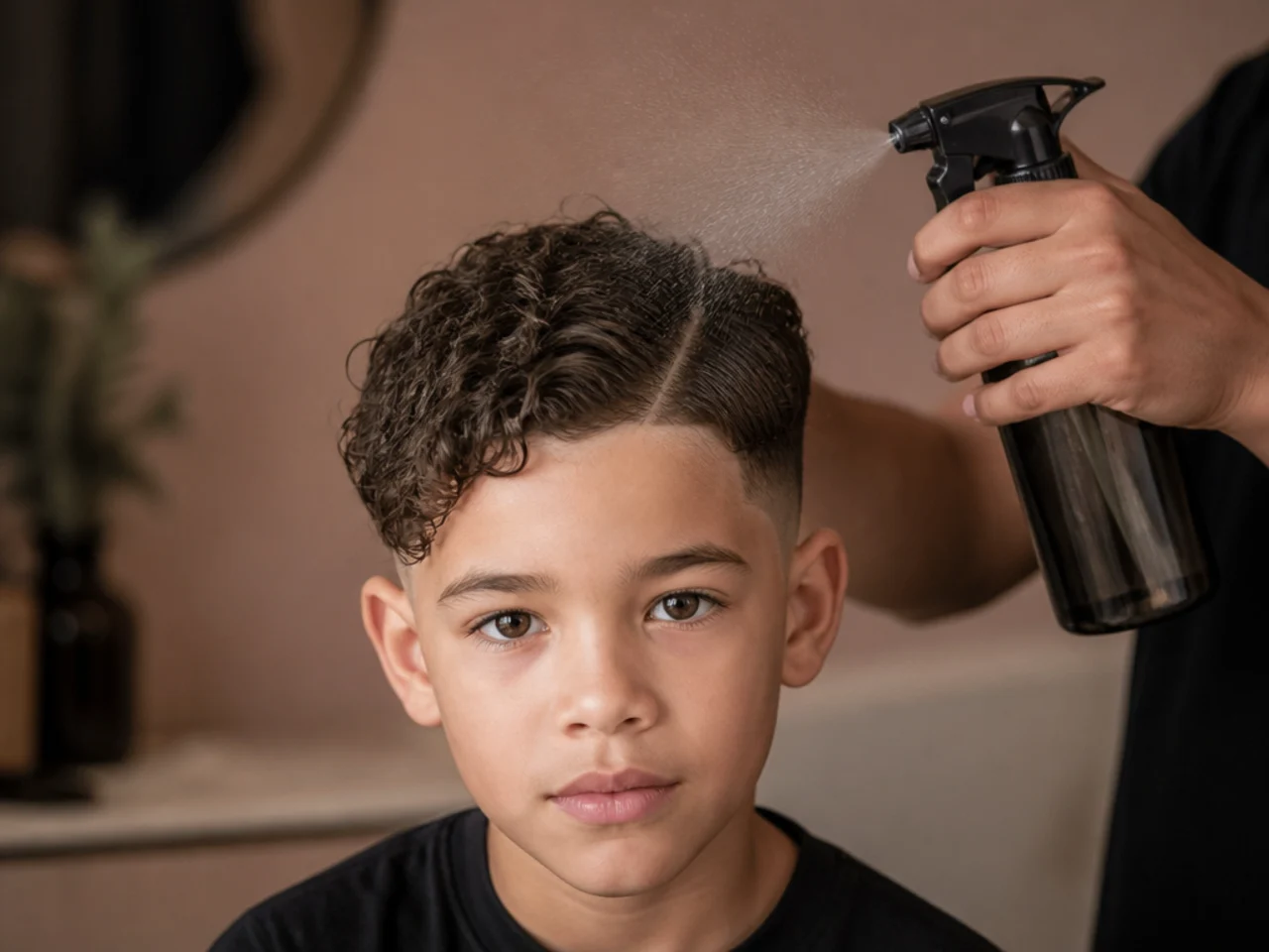 One side of a boy's curly hair being sprayed with water