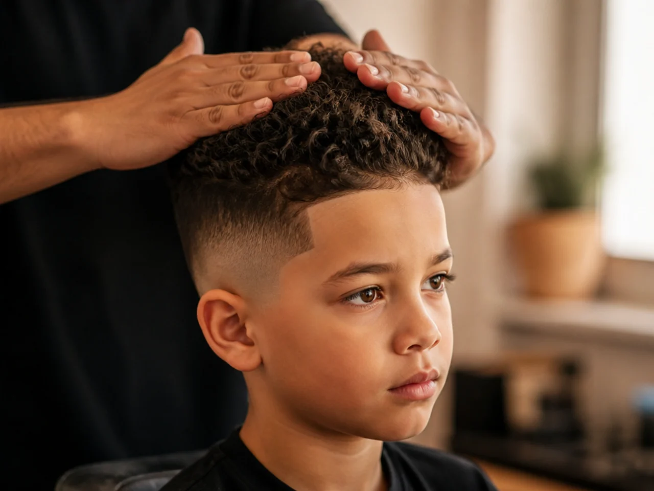 Two flat palms smoothing product down a boy's curls