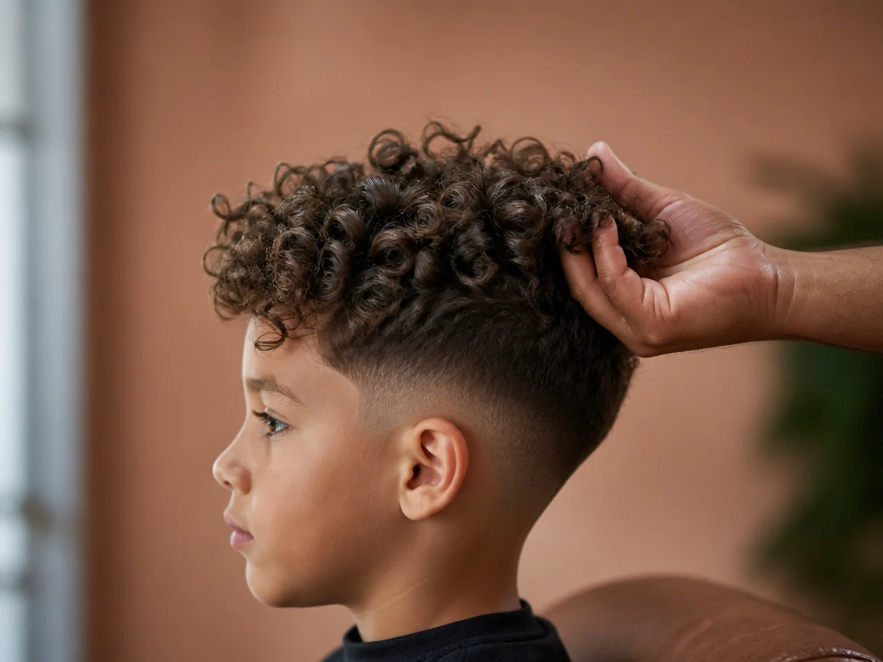A boy's curls being scrunched upward in a cupped hand