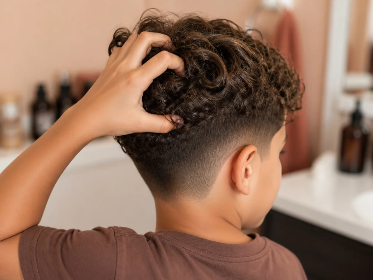 Spread fingers raking through a boy's damp curls