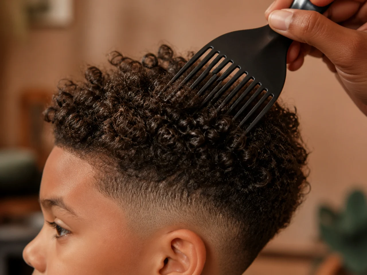 A wide pick lifting a boy's curls at the root
