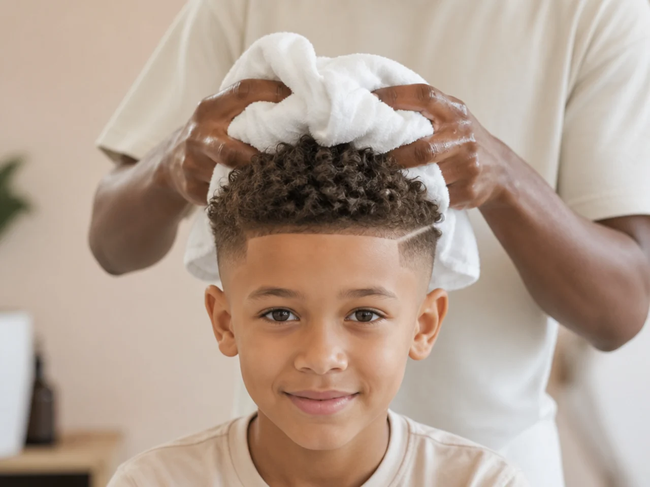 A cotton t-shirt being used to squeeze water from a boy's curls