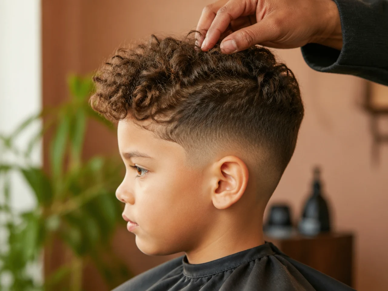 The front section of a boy's curls being styled first