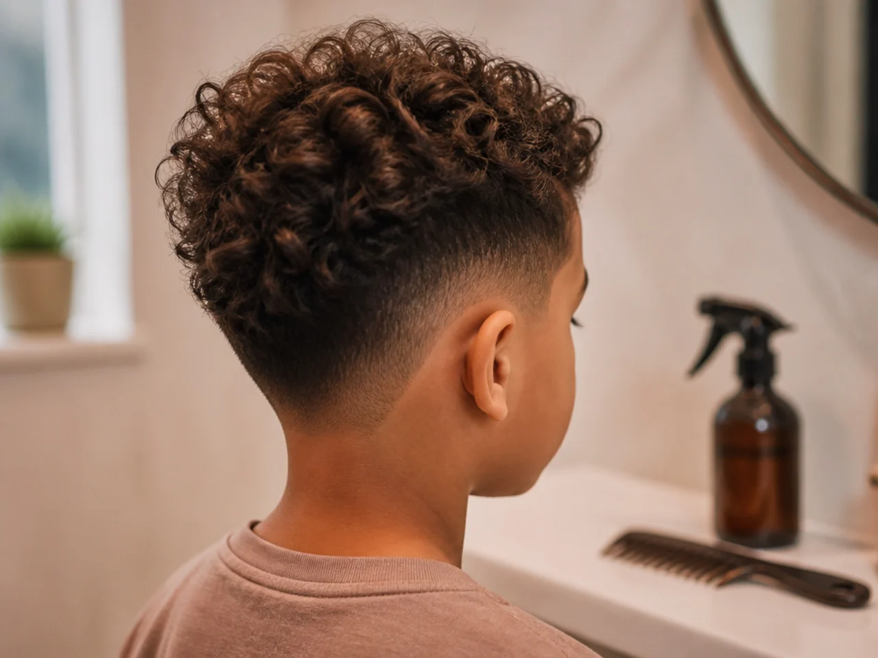 A spray bottle and a wide-tooth comb on a bathroom shelf