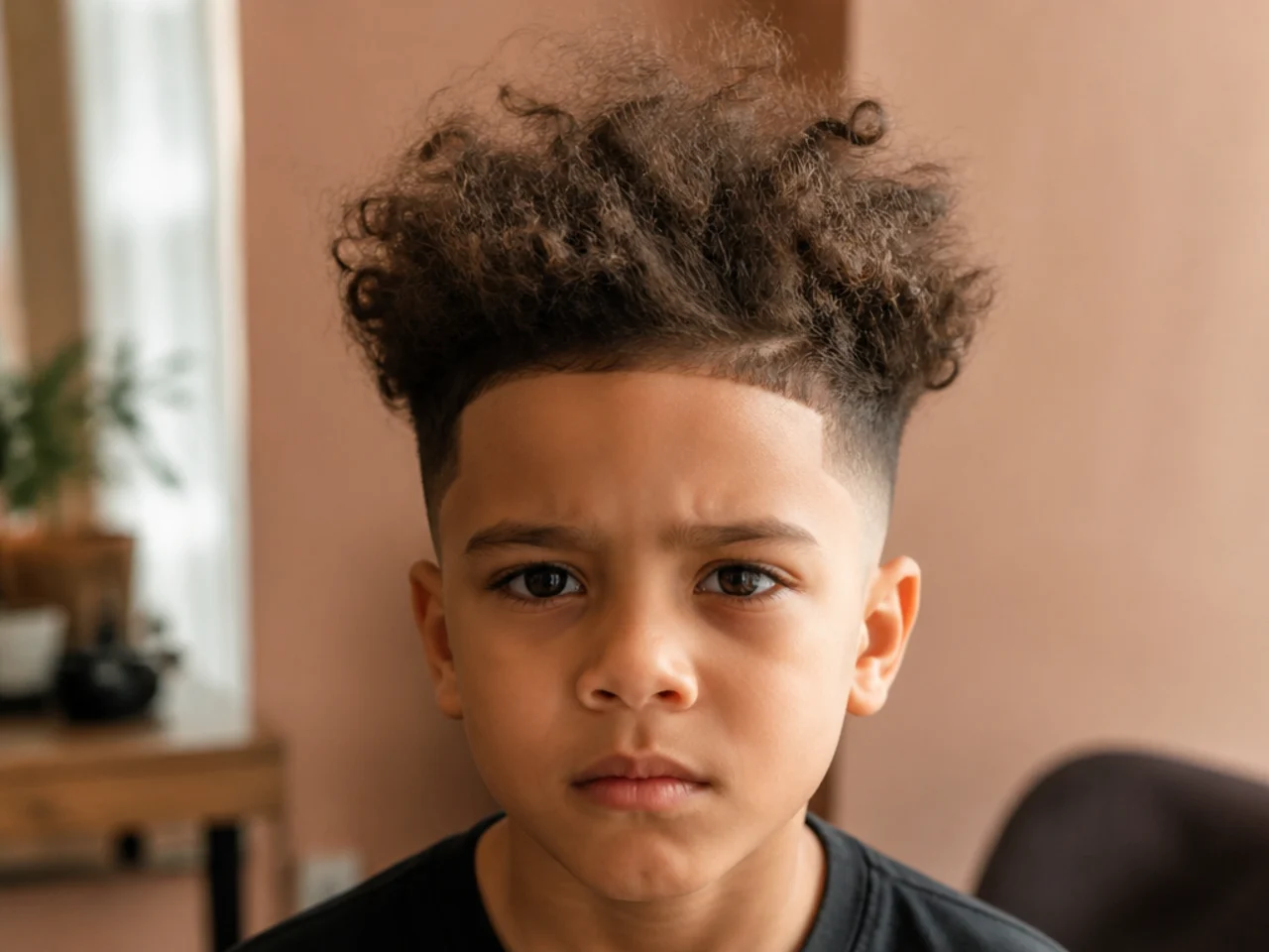 A boy's curls brushed dry and turned frizzy