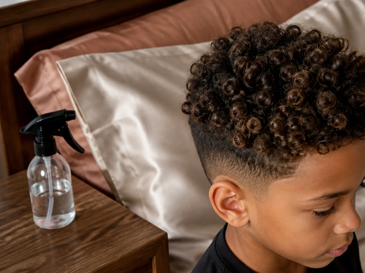 A spray bottle and satin pillowcase beside a child's bed
