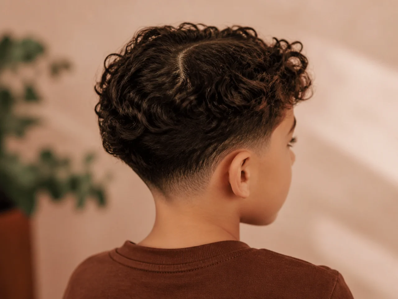 A boy with a curly middle part and tapered sides