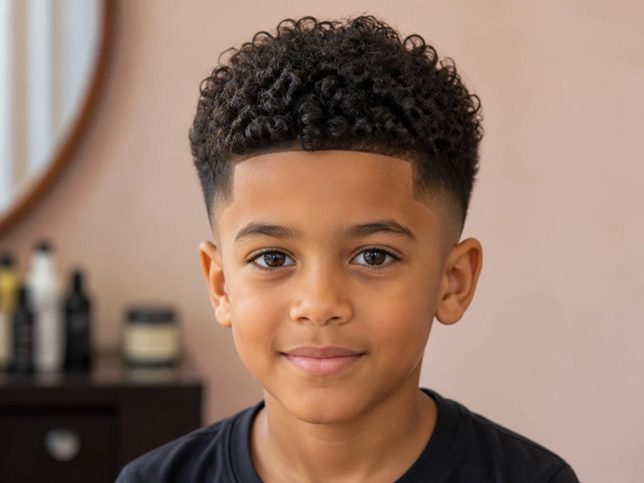 A boy with thick curly hair and a tapered perimeter