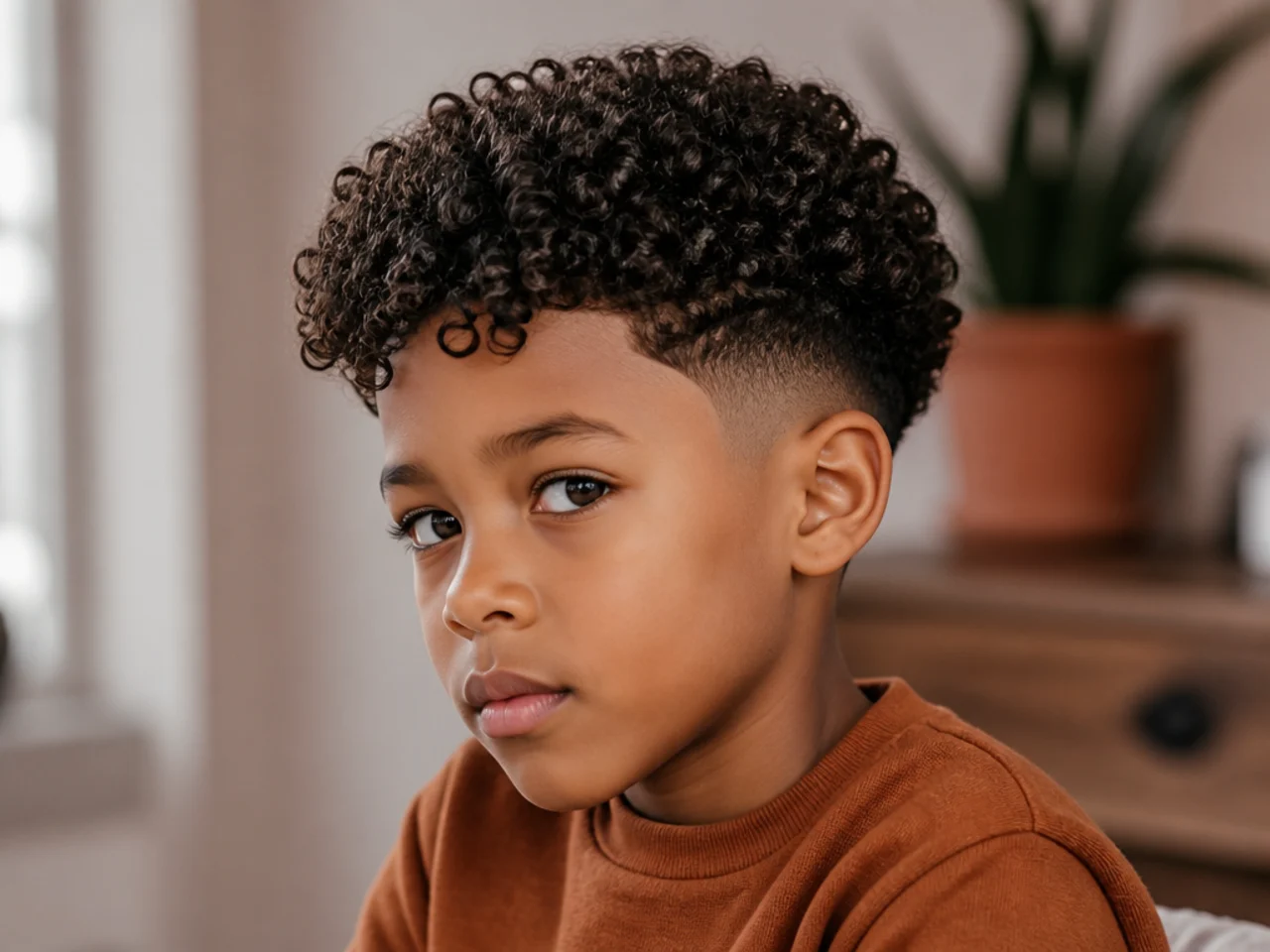 A boy with tightly coiled hair and a taper