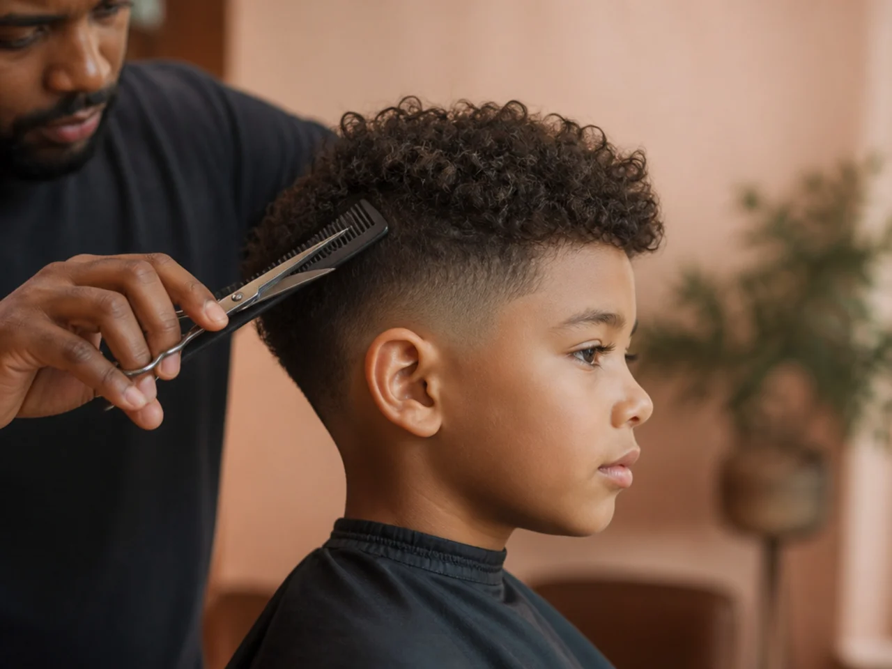 A barber tapering a boy's curls with scissors and comb