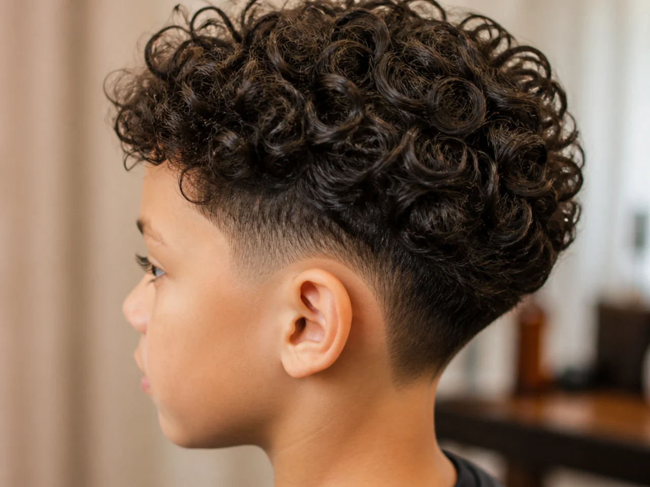 A boy with a curly mop top and a discreet taper