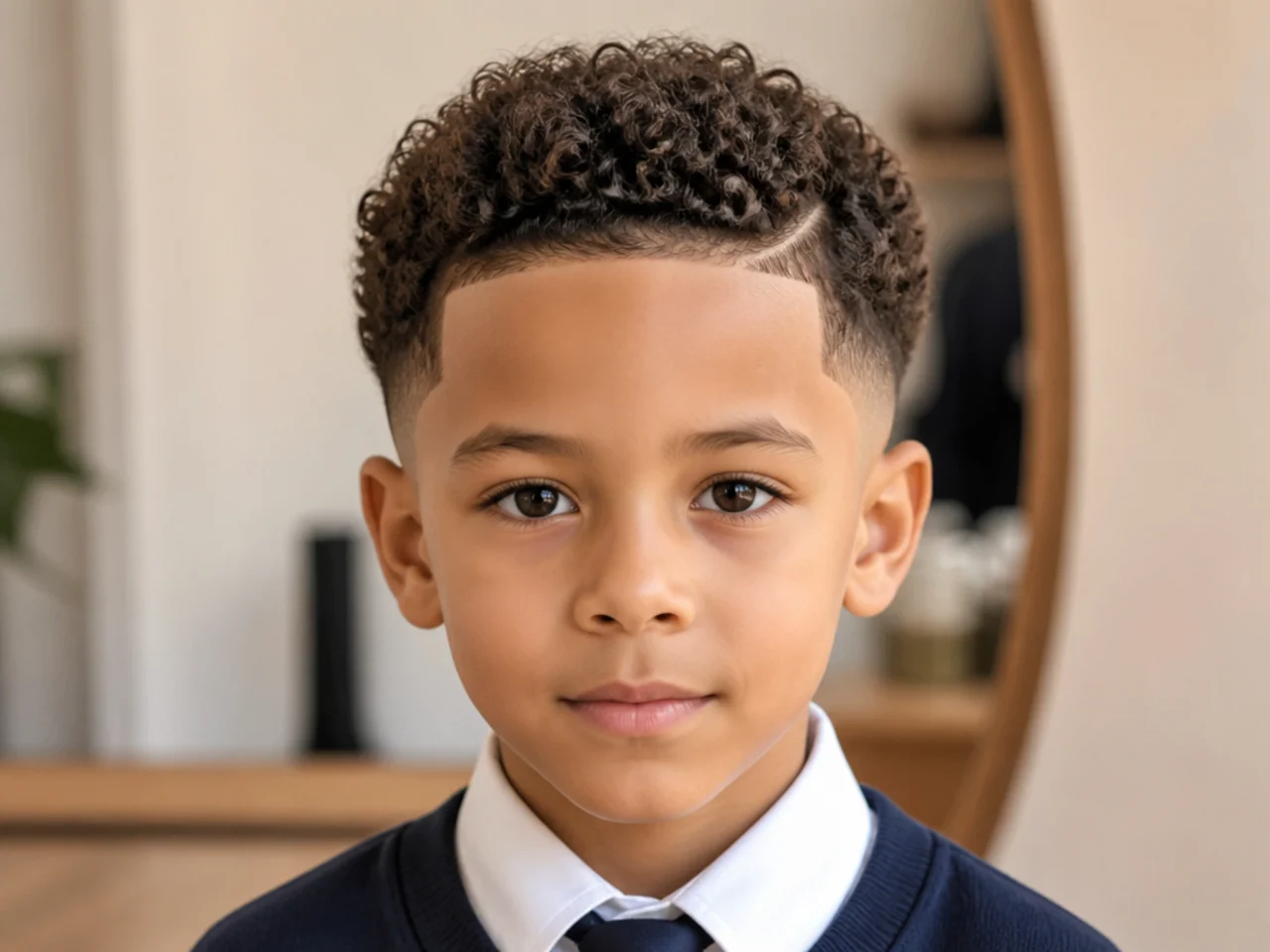 A boy in school uniform with a tapered curly haircut