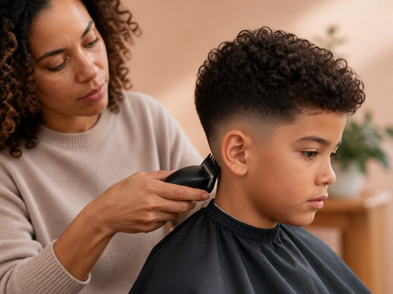 A parent trimming a boy's nape with a clipper guard