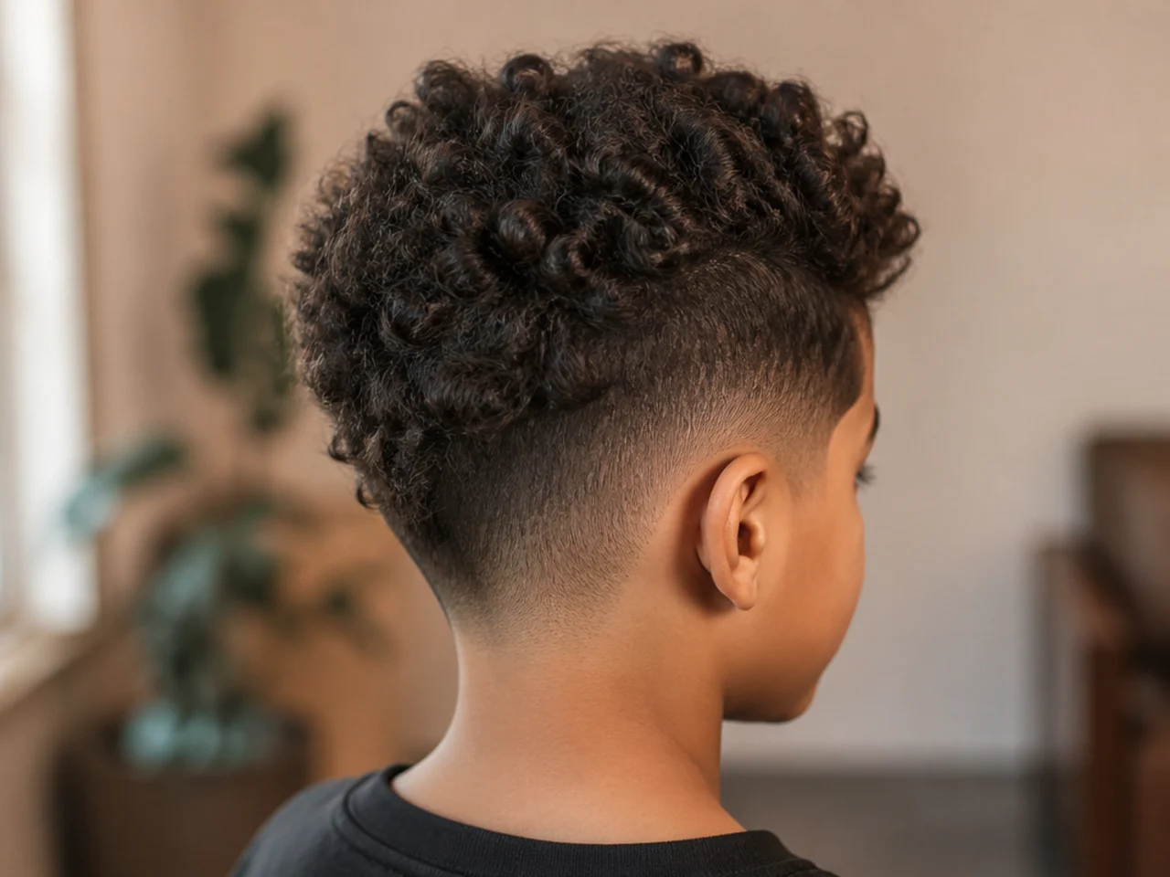 A boy transitioning from a fade to a taper on curly hair