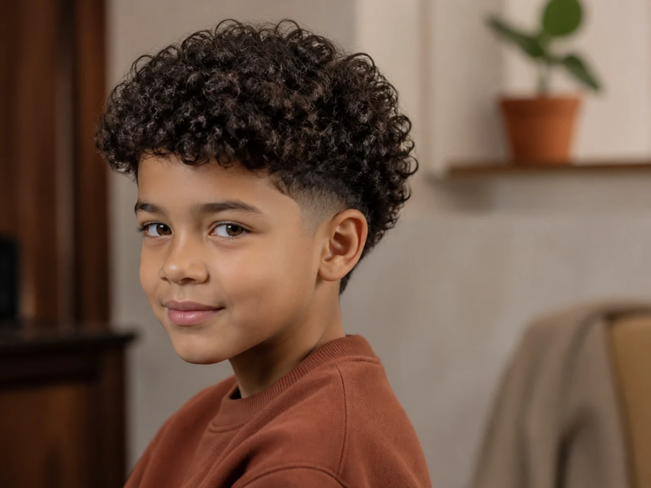A boy with curls tapered around the ears