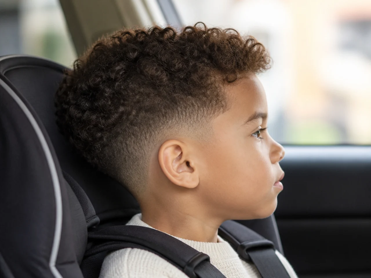A boy in a car seat with a short tapered nape