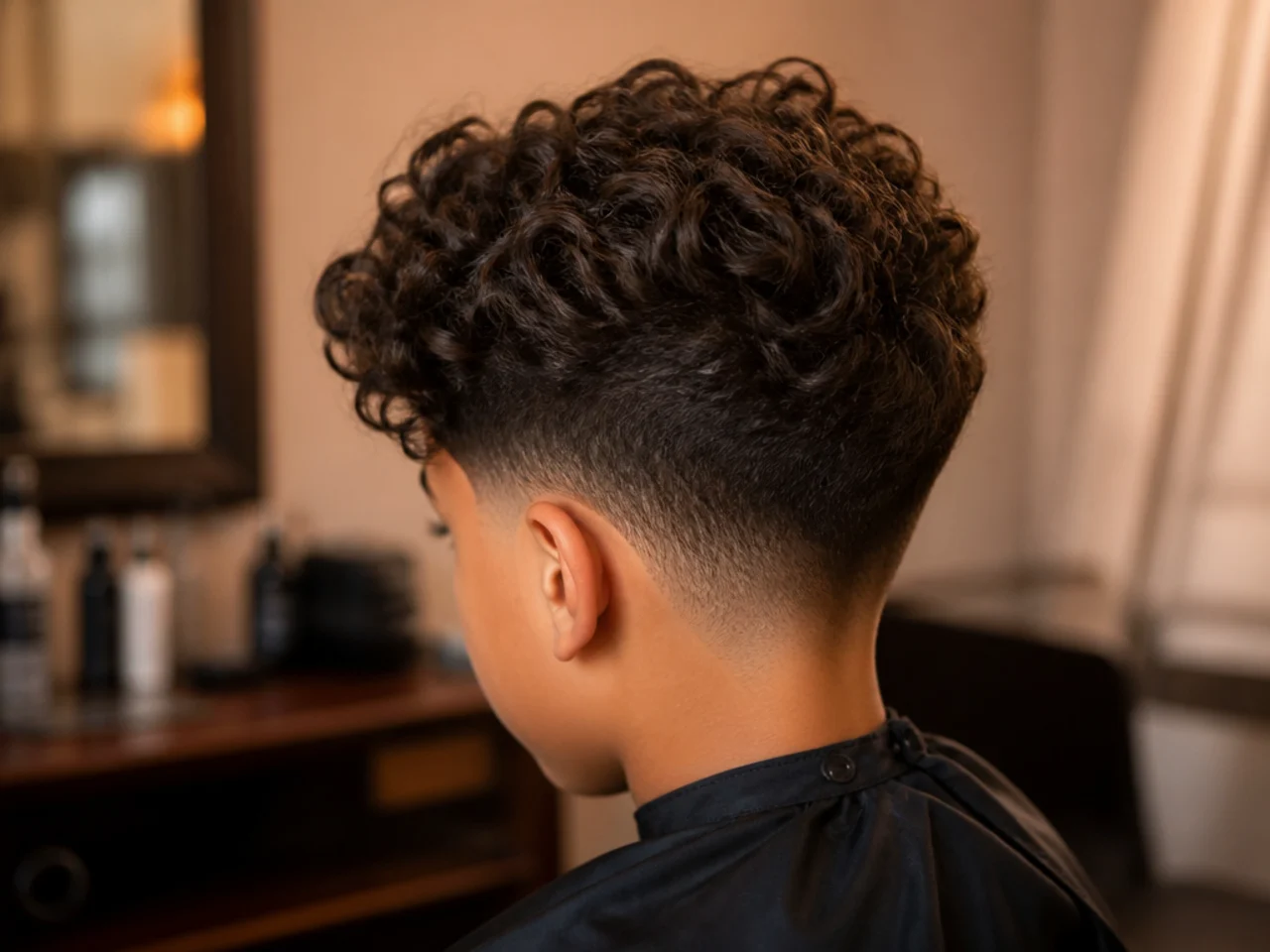A boy with long curls on top and a low taper