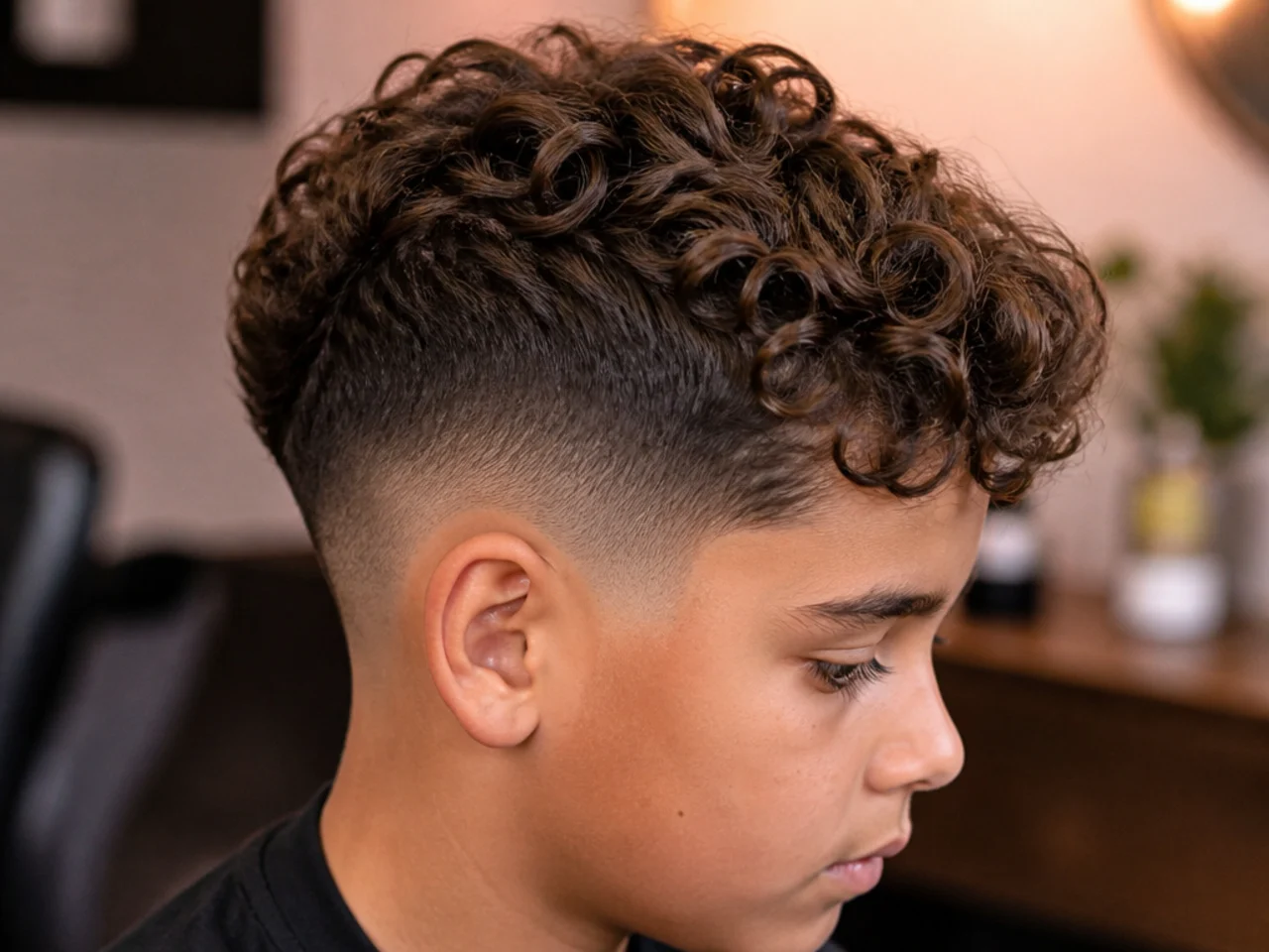 An older boy with a mid taper and curly top