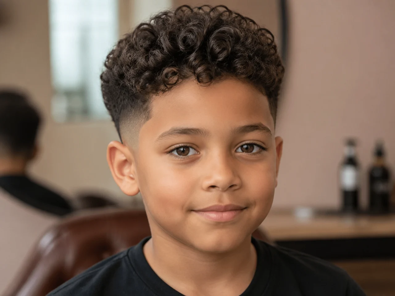 A boy with a natural tapered neckline on curly hair