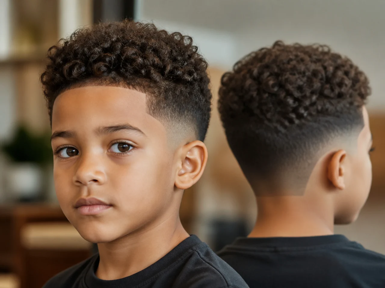 A boy with a blocked square neckline on a curly taper