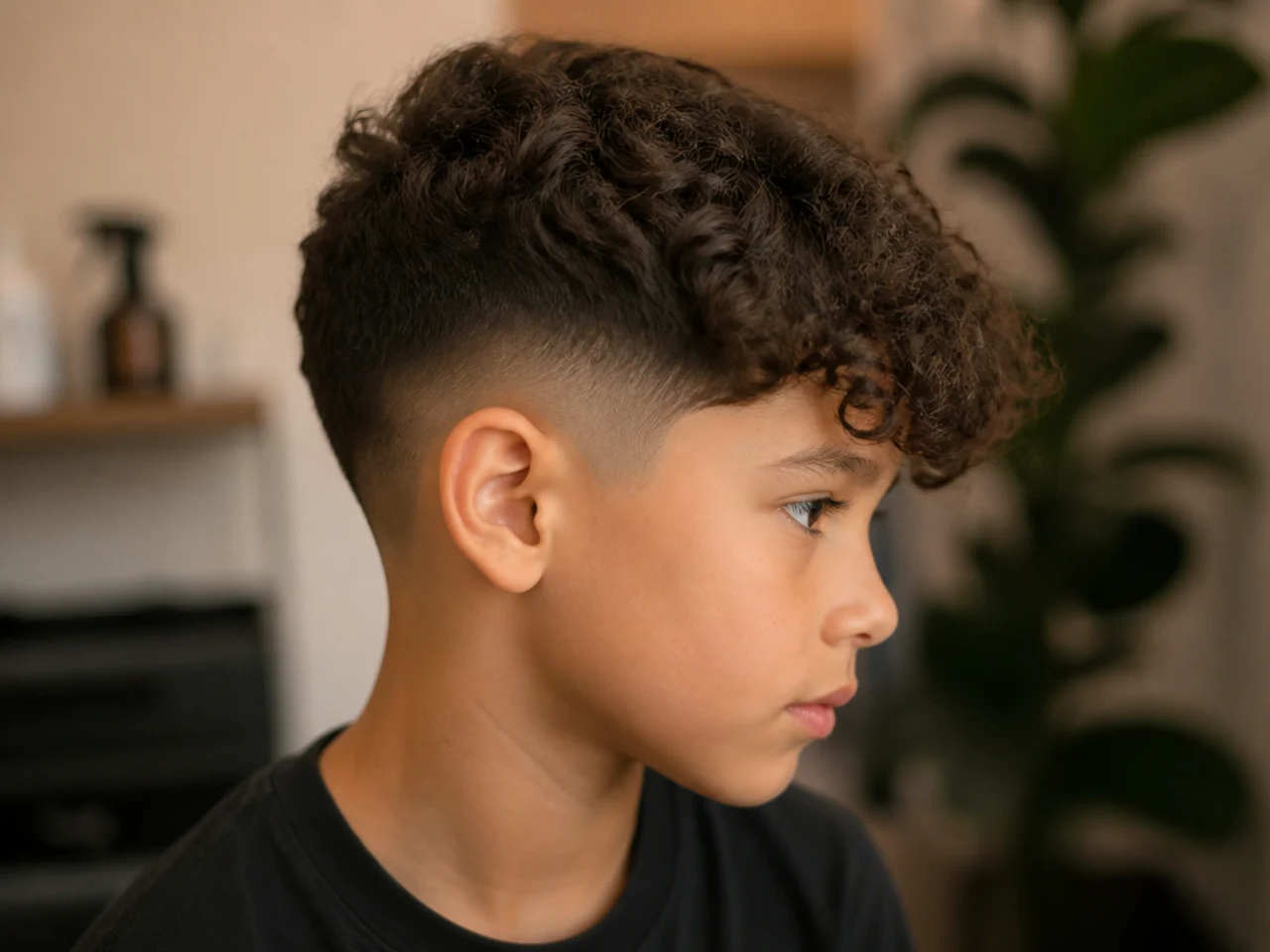 A boy with a taper and a long curly fringe