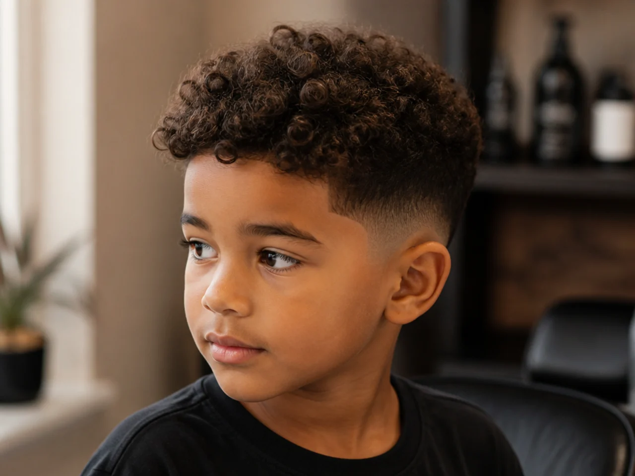 Three-quarter view of a boy with a curly taper