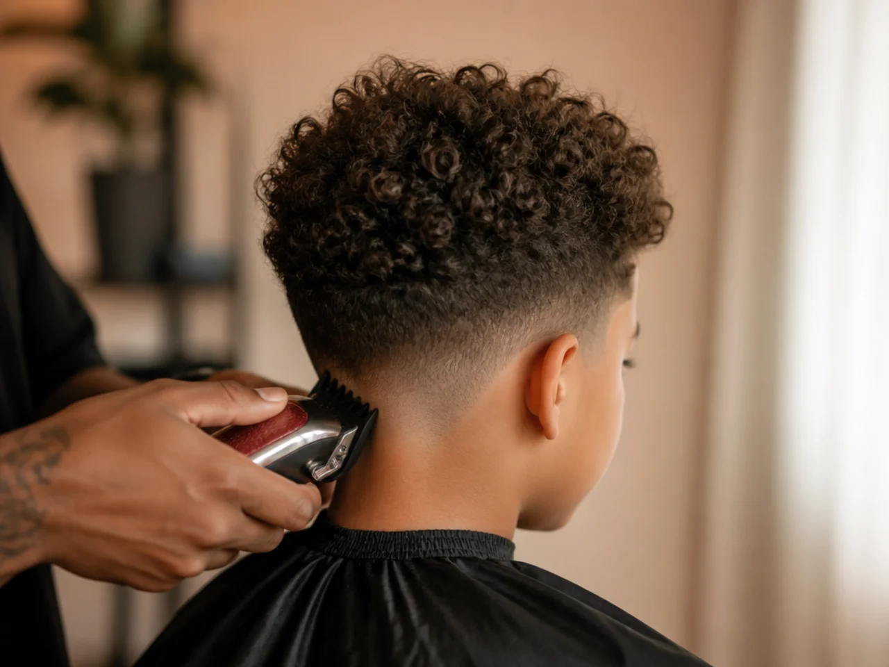 A barber tapering the sides of a boy's curly hair