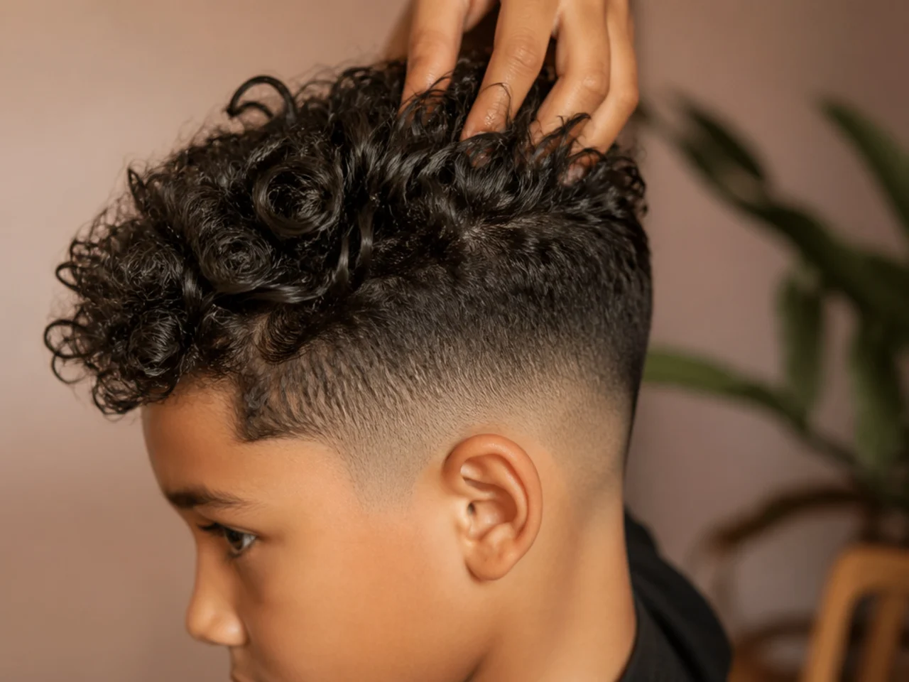 A boy's curly top being separated with damp fingers
