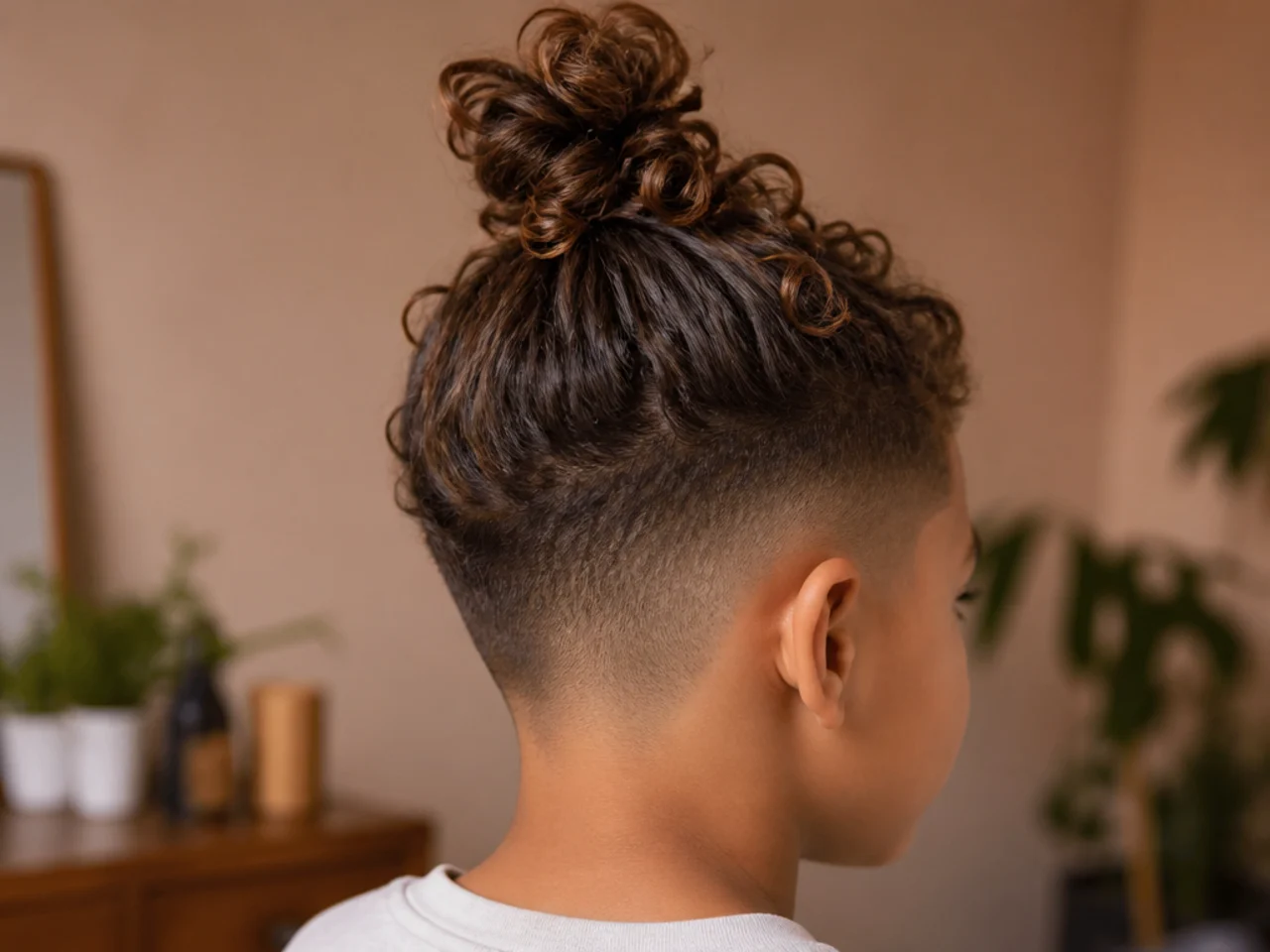 A boy with long curls tied in a top knot