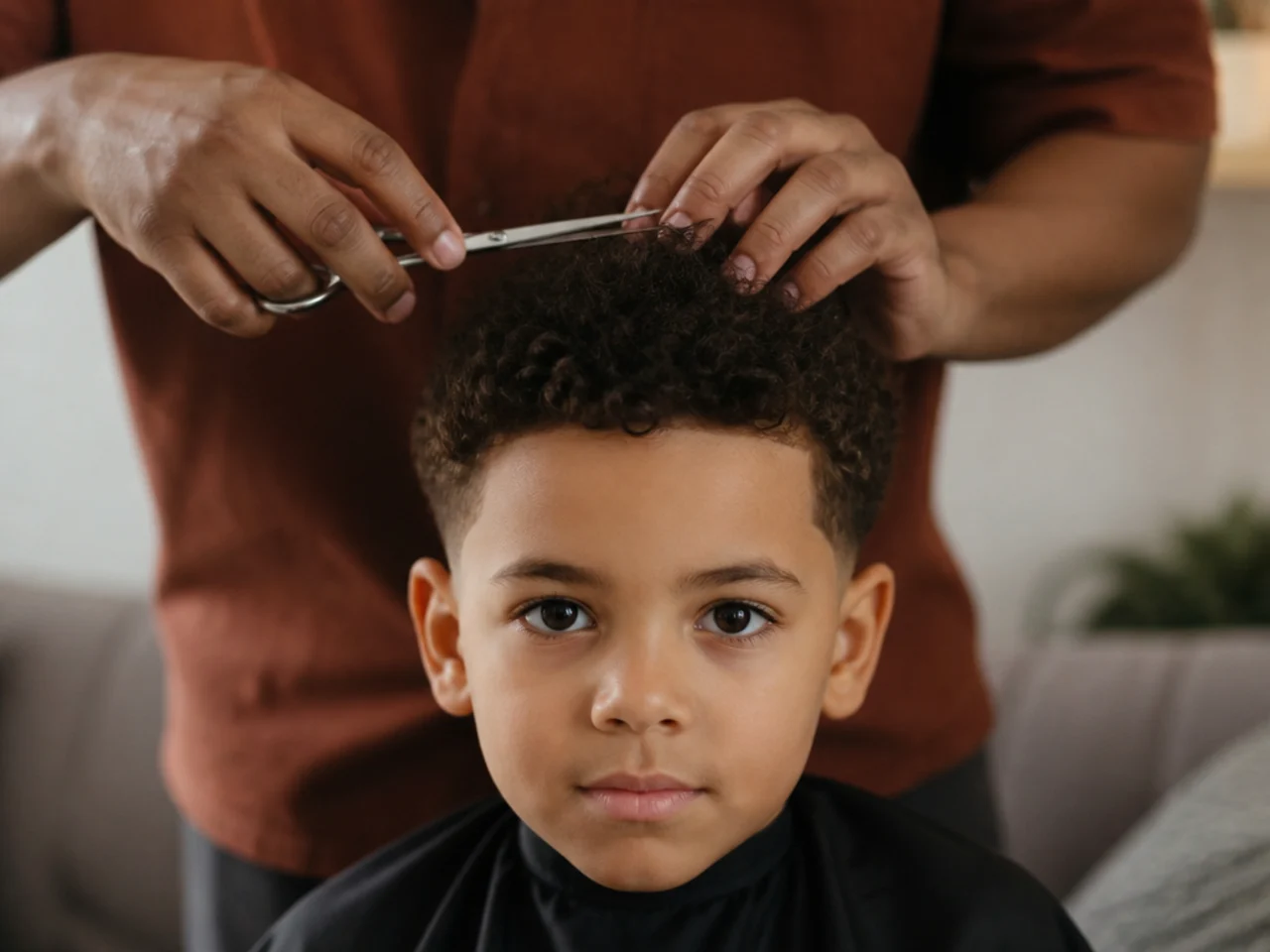 A parent trimming a boy's curls at home with scissors