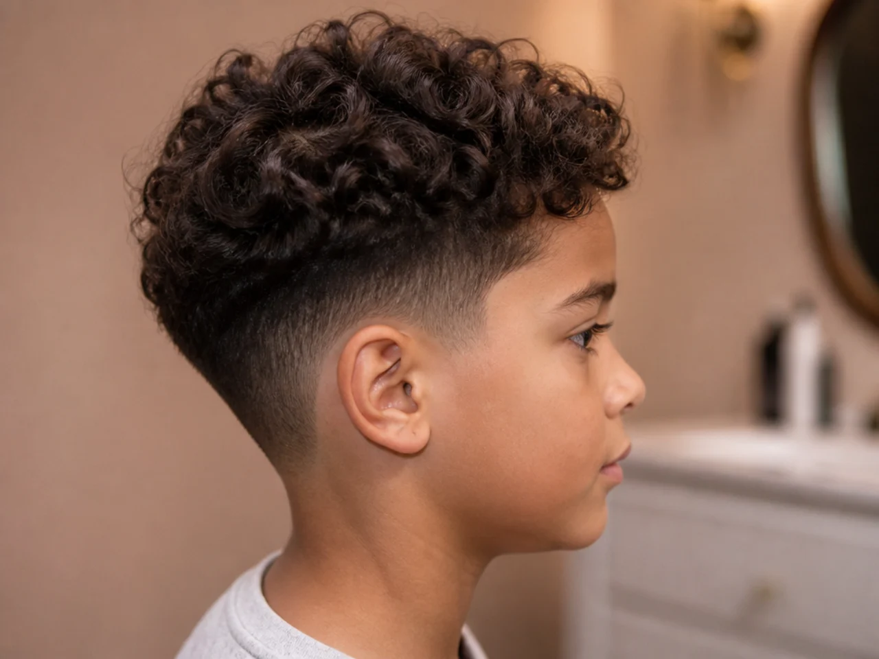 A boy with a two block cut on curly hair