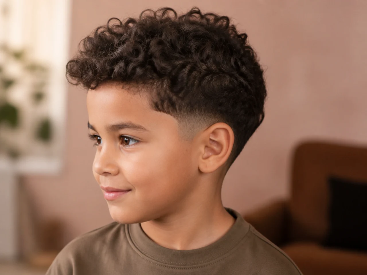 A boy with a low taper and curls left on top