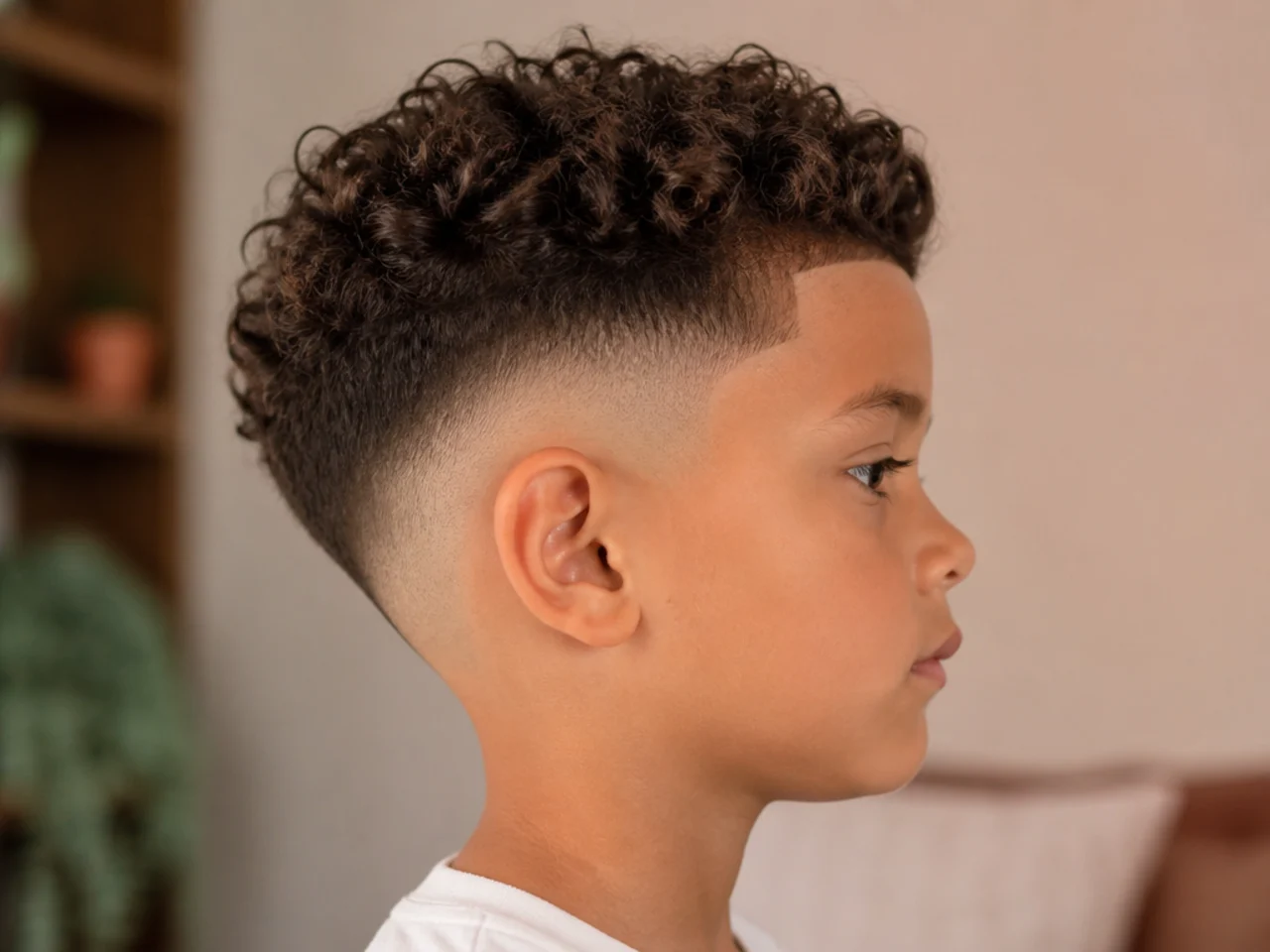 A boy with a skin fade and curly top