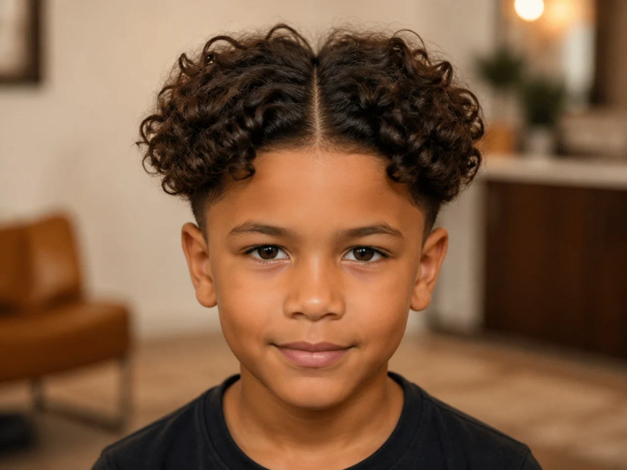 A boy with curly hair parted down the middle