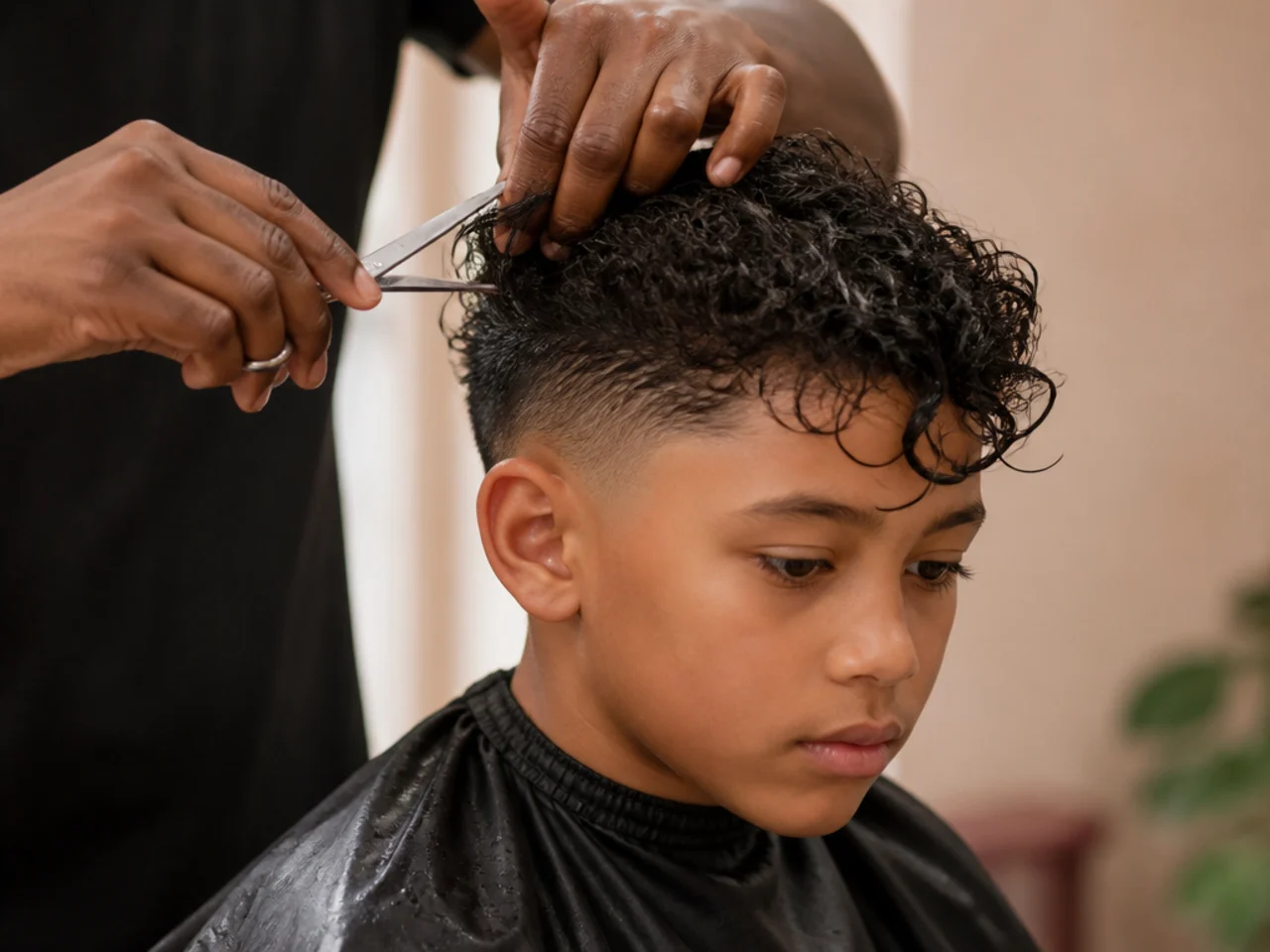 A boy having his curly hair cut while soaking wet