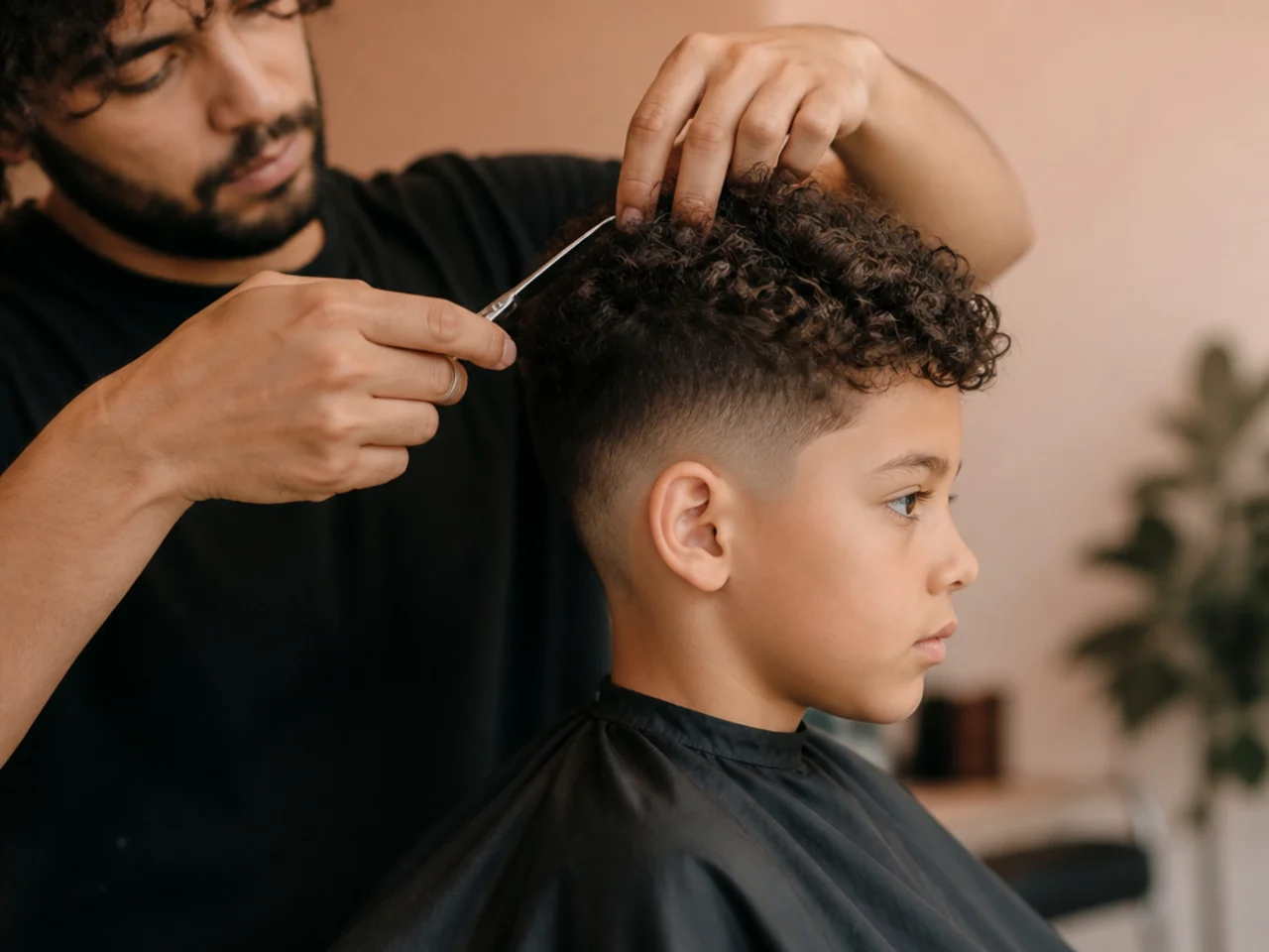 A specialist dry cutting a boy's curly hair