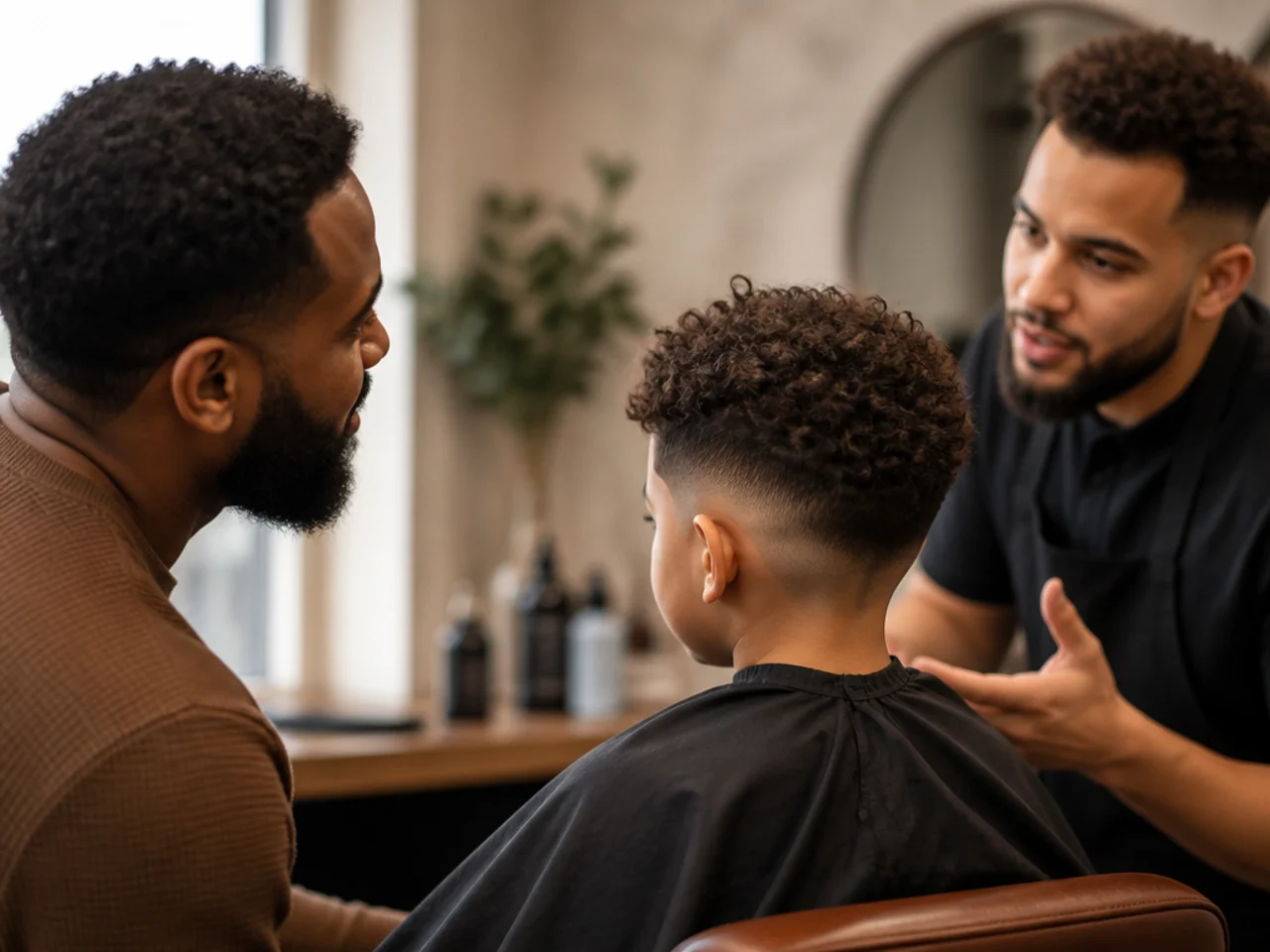 A parent talking to a barber before a boy's haircut