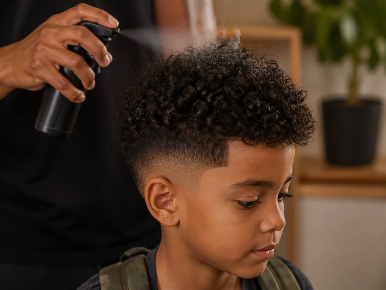 A spray bottle beside a boy getting ready for school